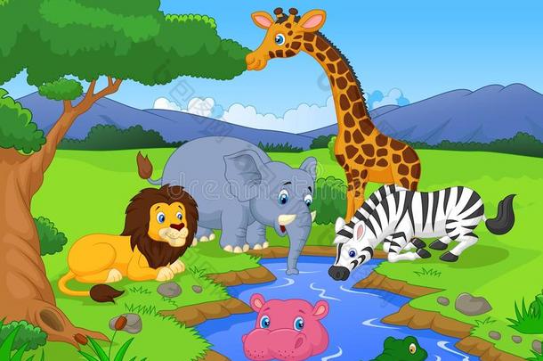可爱的非洲野生动物卡通人物场景