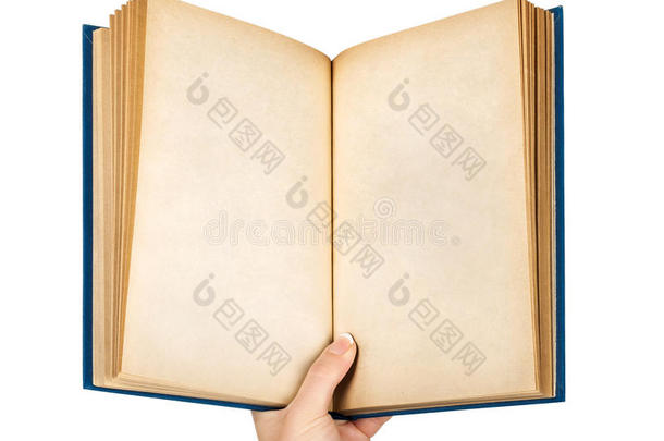手拿着一本打开的书，里面是一个空的复古<strong>蓝色封面</strong>