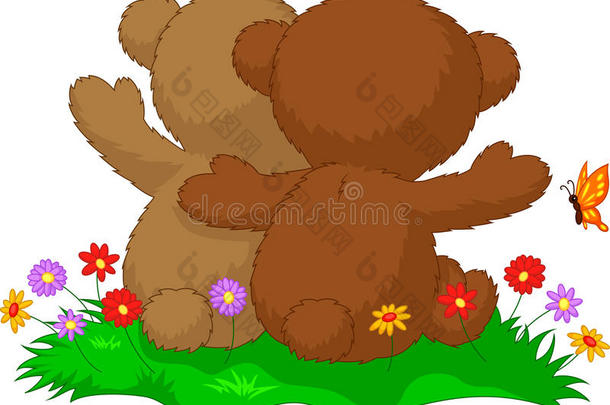 花园里坐着两只泰迪熊的后视图