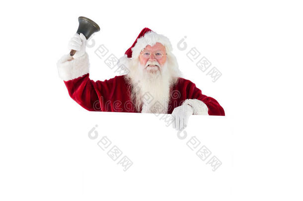 圣诞老人举着一个牌子，按了铃