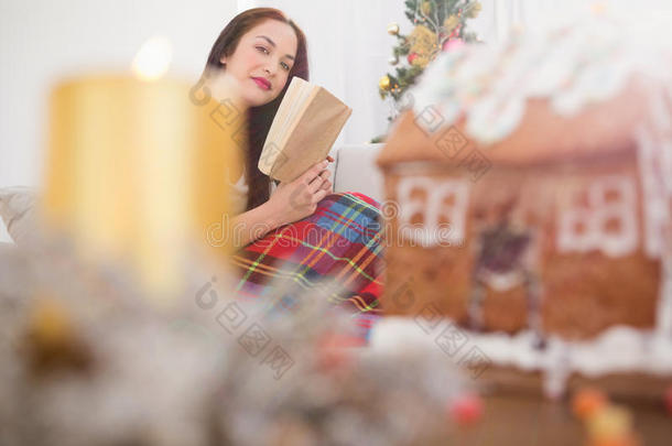 欢快的<strong>黑</strong>发在沙发上看书，在圣诞节有<strong>封面</strong>
