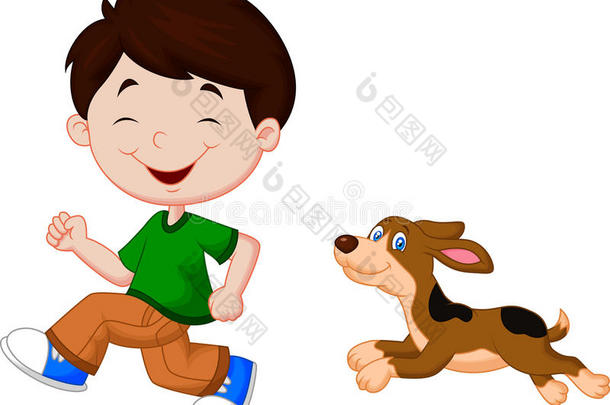 卡通画一个男孩带着他的宠物奔跑