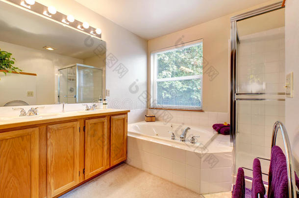 带浴缸和玻璃门淋浴的简单浴室内部