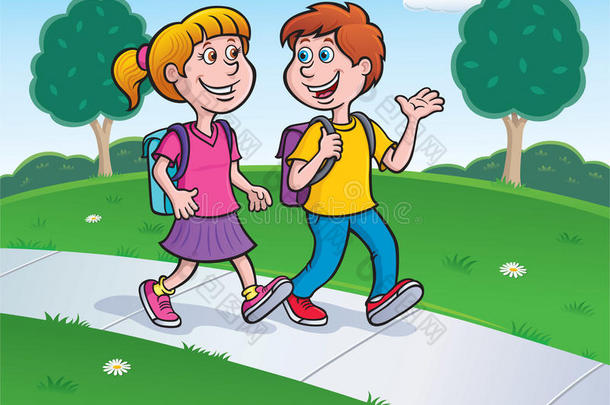 背着背包从学校走出来的男孩和女孩