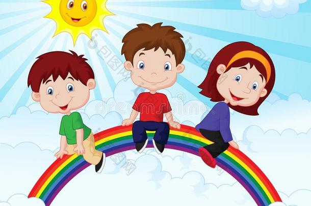 坐在彩虹上的快乐儿童卡通