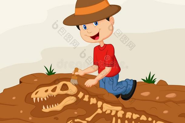 卡通儿童考古学家挖掘恐龙化石