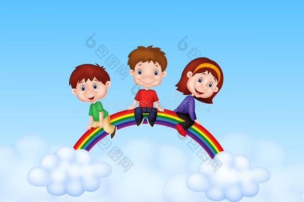 坐在彩虹上的快乐儿童卡通