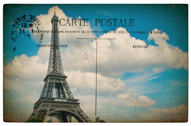 法国巴黎和埃菲尔铁塔的古董明信片
