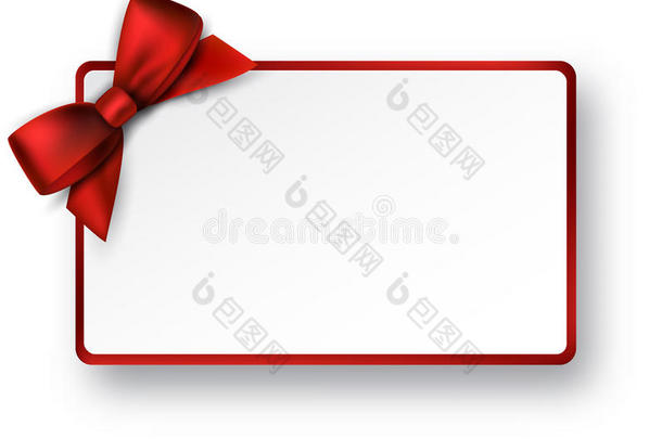 带红色缎子蝴蝶结的白纸礼品卡。