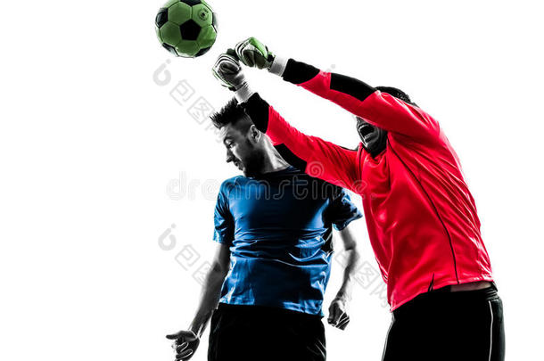 两名男子足球运动员守门员出击头球比赛剪影