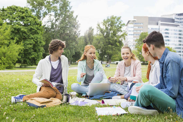 大学的朋友们在草地上一起学习