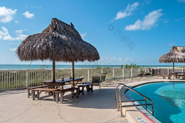 游泳池旁边的沙滩桌上放着遮阳伞