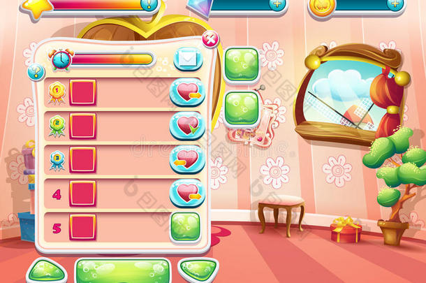 一个例子是一个电脑游戏的屏幕，有一个加载背景卧室公主，用户界面和各种各样的