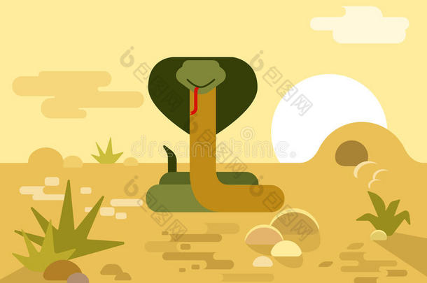 眼镜蛇洞穴<strong>沙漠</strong>平面卡通载体野生爬行动物