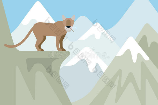 美洲狮山猫冬季山猫平坦卡通野生动物