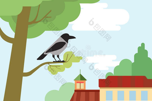 乌鸦树枝平面设计卡通矢量野生动物鸟类