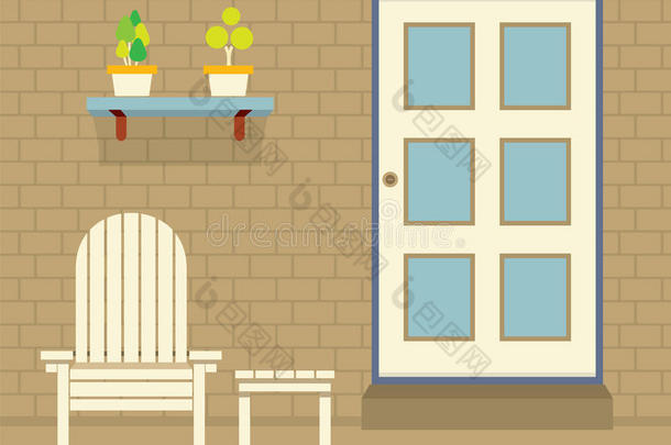砖墙上有盆栽的花园椅子和桌子