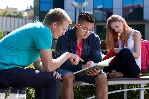 留学生在外面一起学习