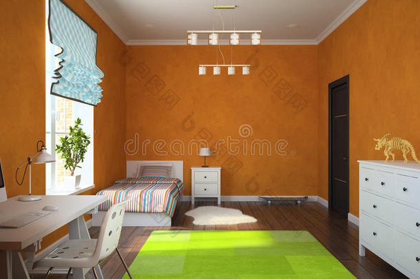 室内现代儿童房的一部分，橙色墙壁3d渲染