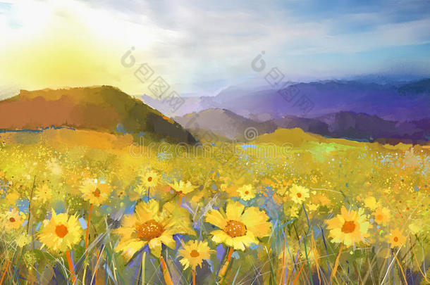 雏菊花开花。 一幅带有金色雏菊田野的乡村日落景观的油画。