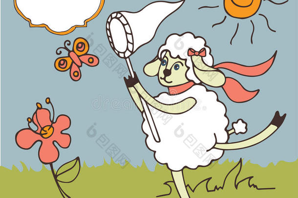 可爱的羊抓住蝴蝶。夏天涂鸦