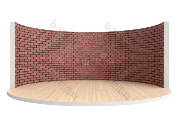 空舞台或圆形房间，木地板和红砖墙