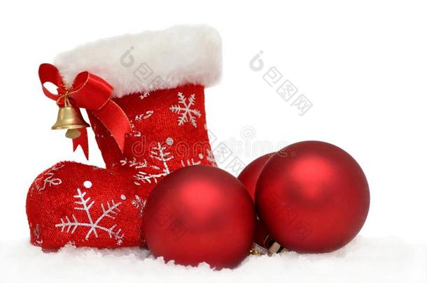 圣诞老人的红色<strong>靴子</strong>，白色的<strong>雪地</strong>里有小饰物