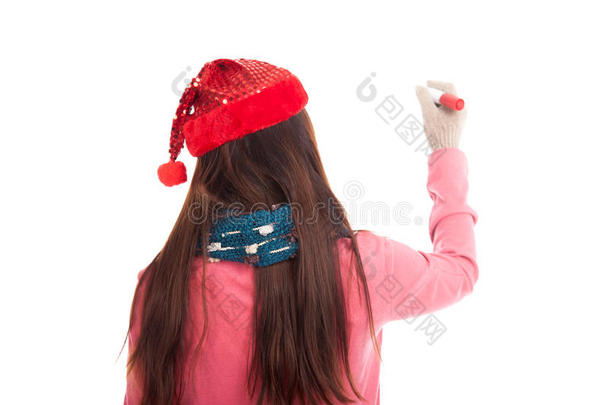 戴圣诞帽的亚洲女孩的后背用红笔写字