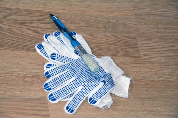 一副手套和一支带油漆的刷子