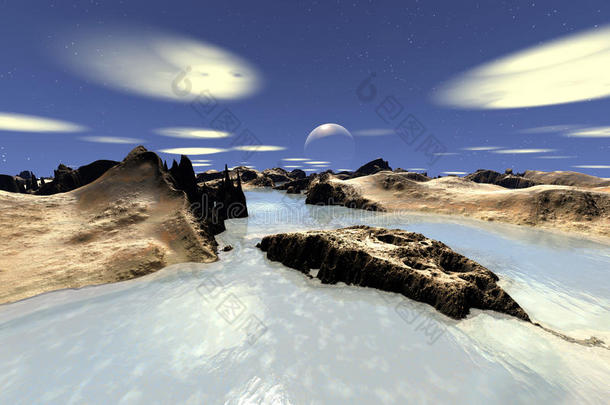 3d渲染的幻想外星行星。海湾