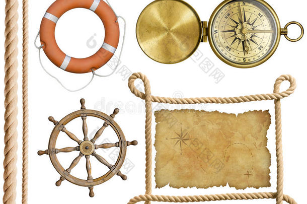 航海用品绳子，藏宝图，救生圈，