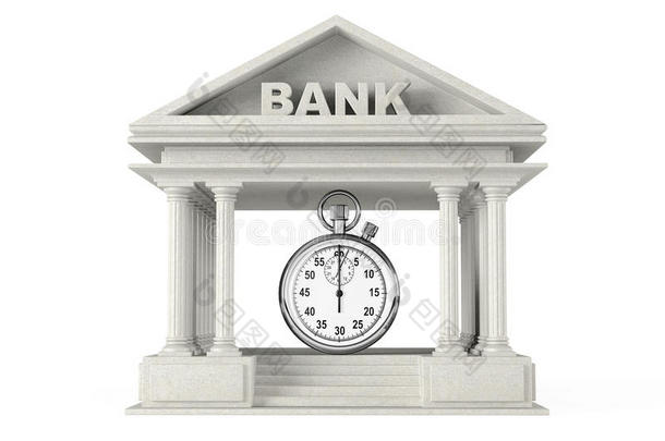 节省时间的概念。带秒表的银行大楼