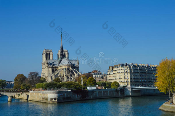 巴黎河边的圣母院大教堂，夏季有船只和建筑