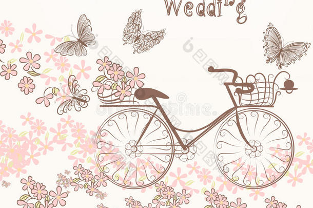 插画艺术自行车和复古风格的花卉