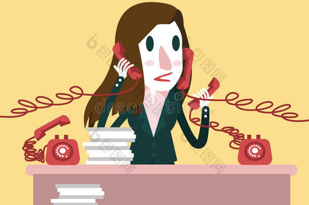 手握大量电话的忙碌的女商人。努力工作的理念。