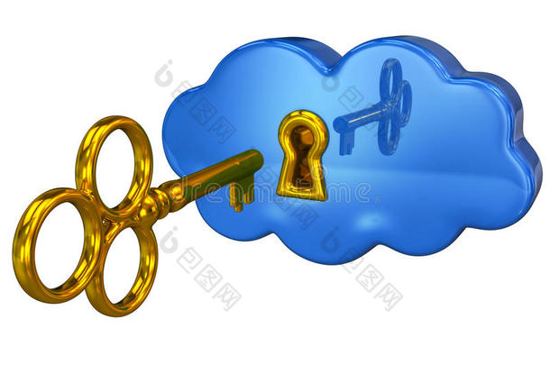 金钥匙和带钥匙孔的蓝色云
