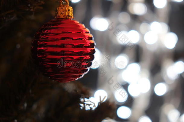 圣诞彩灯树上的红色圣诞球