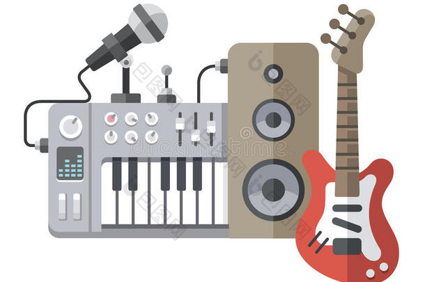 平面风格的音乐工具：吉他、合成器、麦克风、扬声器