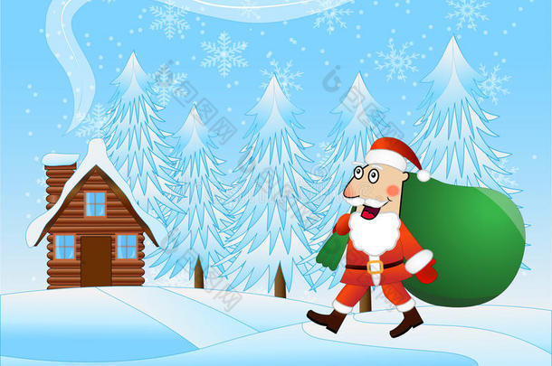 圣诞快乐圣诞老人背着一袋礼物冬天