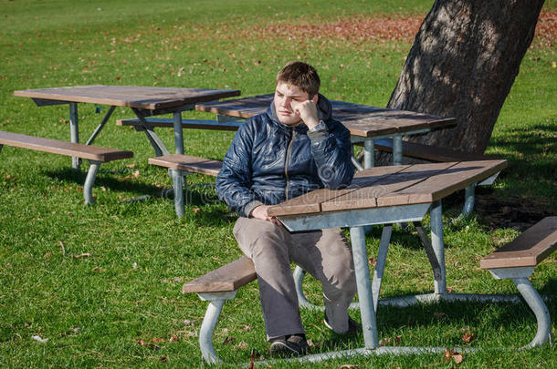 <strong>沮丧沮丧</strong>的少年独自坐在秋天公园里