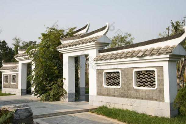 亚洲中国，北京，园林博览会，古色古香的建筑，门楼，外墙