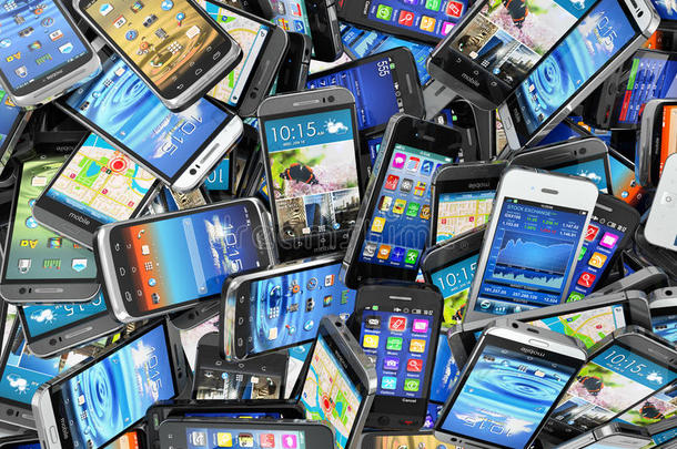 手机背景。一堆不同的现代智能手机。