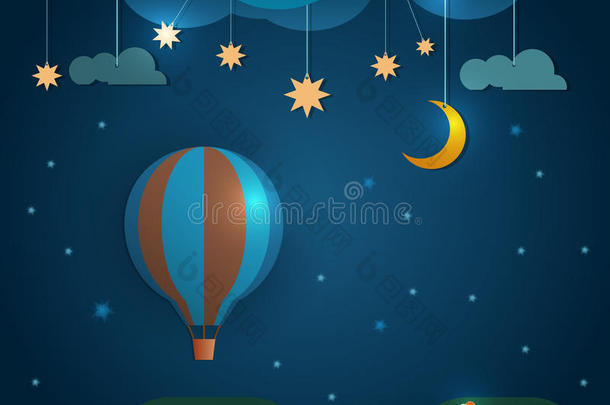 抽象纸剪热气球，云，天空和月亮与星星在晚上。空白空间为您的设计