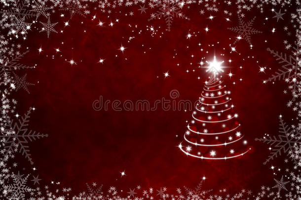 圣诞<strong>红背景</strong>雪花相框和圣诞树