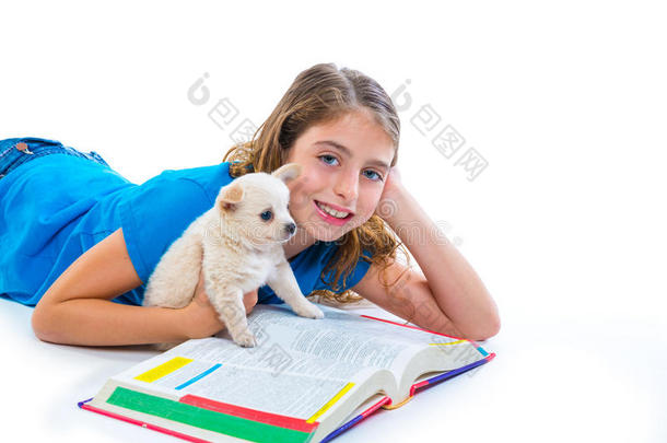 家庭作业中带着小狗吉娃娃宠物狗的小女孩