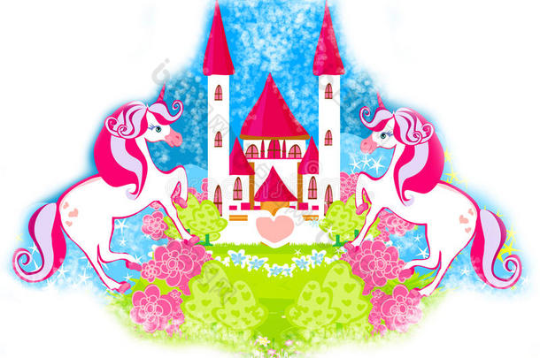 卡片上有可爱的独角兽和童话公主城堡