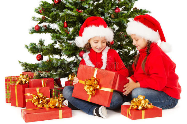 圣诞<strong>小朋友</strong>戴着圣诞帽，杉树，孩子打开礼物盒
