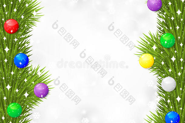 圣诞卡用冷杉枝花环装饰多彩球