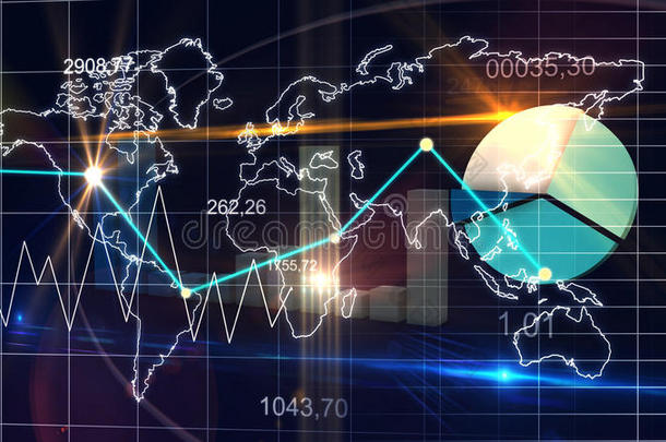 世界地图统计<strong>数据图</strong>深蓝色金融背景3d