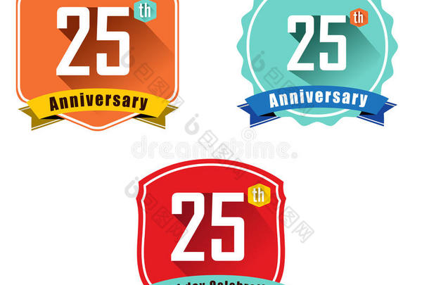25周年生日庆典平面彩色复古标签徽章，25周年纪念